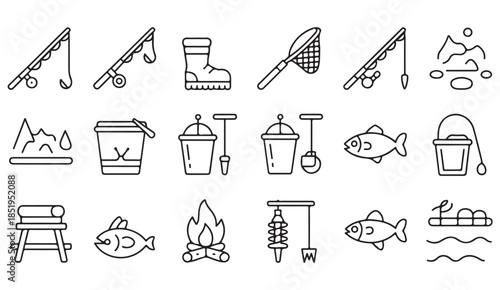 Camping and fishing hand drawn symbols set for nature activities