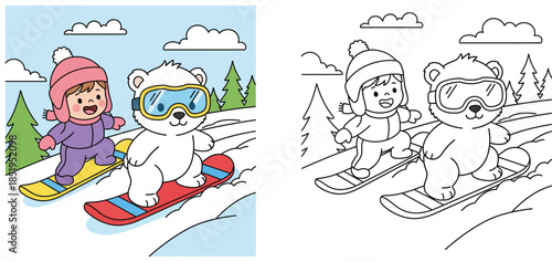 Cute cartoon polar bear and little girl snowboarding together on snowy hill. Happy animal character wearing goggles and kid playing winter sport vector illustration for children design.