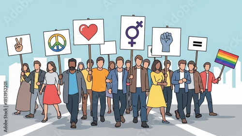 Diverse group of people marching for equality and social justice with protest signs and rainbow