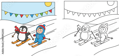 Cute cartoon penguin and little child skiing together under festive flags. Happy animal character and kid enjoying winter sport race on sunny hill. Vector illustration for holiday design.