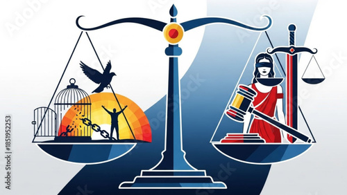 Scales of justice balancing freedom and law with gavel and blindfolded lady justice