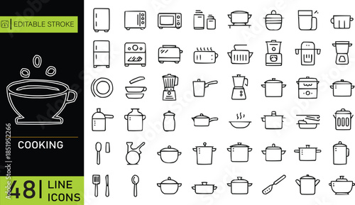 Mega Kitchenware & Cooking Appliance Line Icon Set 48 Culinary Elements