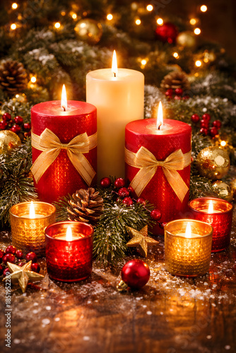 Festive Christmas Candles with Red and Gold Decorations and Evergreen Branches