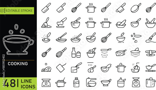 Mega Kitchenware & Cooking Appliance Line Icon Set 48 Culinary Elements