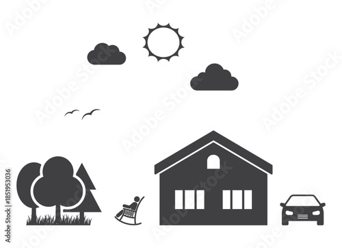 man seat on rocking chair in village house icon