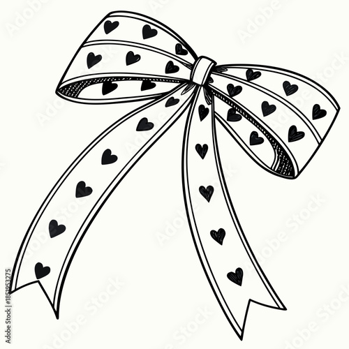 Black and white decorative bow with heart pattern, hand-drawn and symmetrical, ideal for romantic themes.