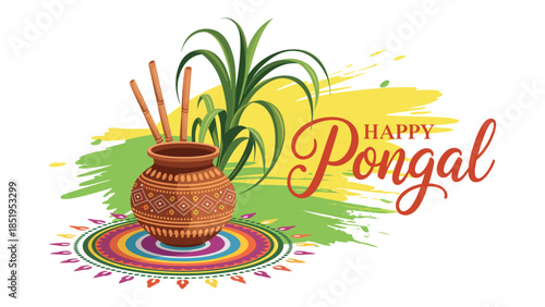 Happy Pongal festival illustration with traditional clay pot sugarcane rice rangoli and festive typography isolated on white background