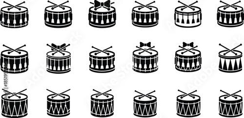 Black and white grid of stylized snare drum icons with crossed drumsticks on white background music design