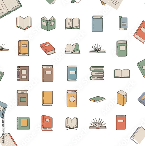 Hand-Drawn Minimalist Book Illustrations and Literary Icons Pattern