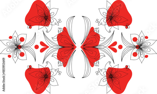 Symmetrical floral design with red heart-like shapes and black petal outlines on white background decorative abstract motif