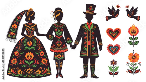 Traditional Folk Art Wedding Group Vector with Bride Groom and Bridesmaid in Colorful Ethnic Floral Costumes and Doves