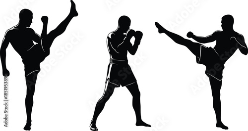 Muay Thai silhouettes, martial arts poses, kickboxing techniques, fighting stance, high kicks, black illustration, combat sport, athletic motion, white background