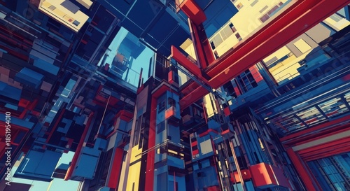 Abstract low angle view of complex futuristic architecture with red and blue geometric structures