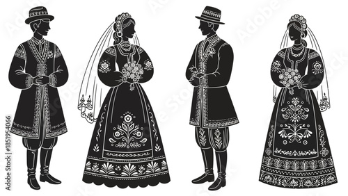 Traditional Folk Art Wedding Couples Vector Silhouette Set. Brides and Grooms in Ethnic Floral Costumes and Hats
