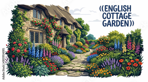 English cottage garden overflowing with flowers, climbing plants, and natural pathways, expressing charm, abundance, and relaxed traditional garden aesthetics