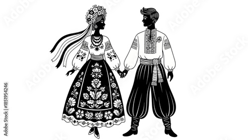 Traditional Ukrainian Folk Art Wedding Couple Silhouette with Bride in Large Floral Wreath and Ribbons