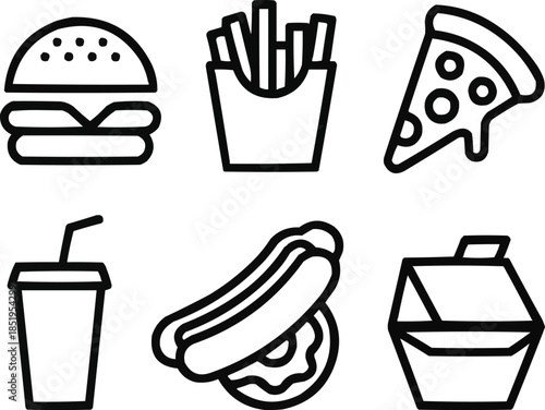 Fast Food Line Icon Set Burgers, Fries, Pizza, and Snacks