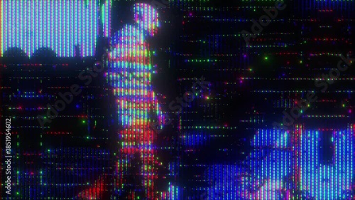4K Digital Human Figure Glitch Animation with Corrupted Signal Pixel Distortion Noise and Broadcast Artifacting as Reusable Interface Overlay Layer for UI HUD Motion Graphics Systems