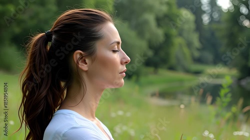 Calm peaceful woman meditate to relax in natures green park, finding serene mindfulness and outdoor wellness