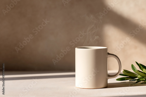 winter morning serenity, relaxing january ambiance serene background with a ceramic mug emitting steam in soft natural light