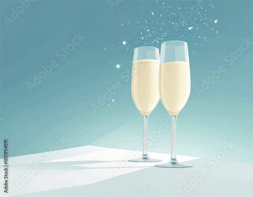 Cheers to Celebrations: A close-up shot captures the elegance of two champagne glasses, brimming with effervescence, set against a backdrop of soft pastel hues.