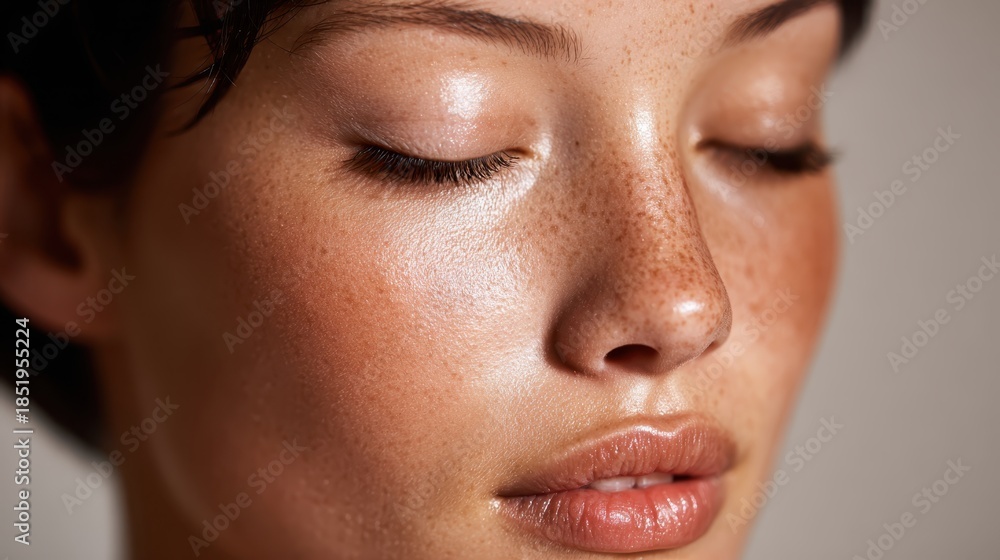 Fototapeta premium Woman's face up close, showing natural freckles, radiant skin, and subtle makeup, representing concepts of skincare, wellness, beauty, and authenticity with a calm expression