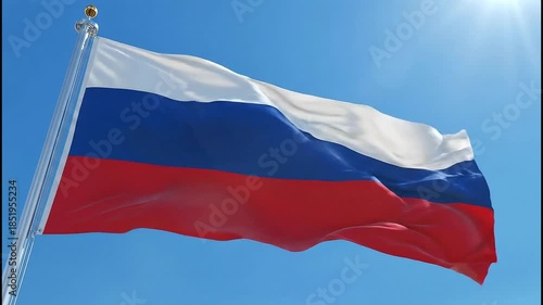 Flag of Russia displayed against a blue sky during the day with sunlight shining brightly