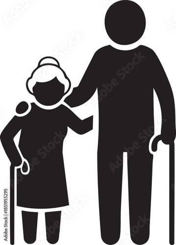 Elderly couple with walking aids standing closely together a simple silhouette