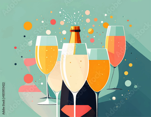 Celebration Toast with Champagne: A joyous depiction of a celebration featuring a bottle of champagne, complemented by champagne glasses filled with various drinks, exuding a sense of festivity.