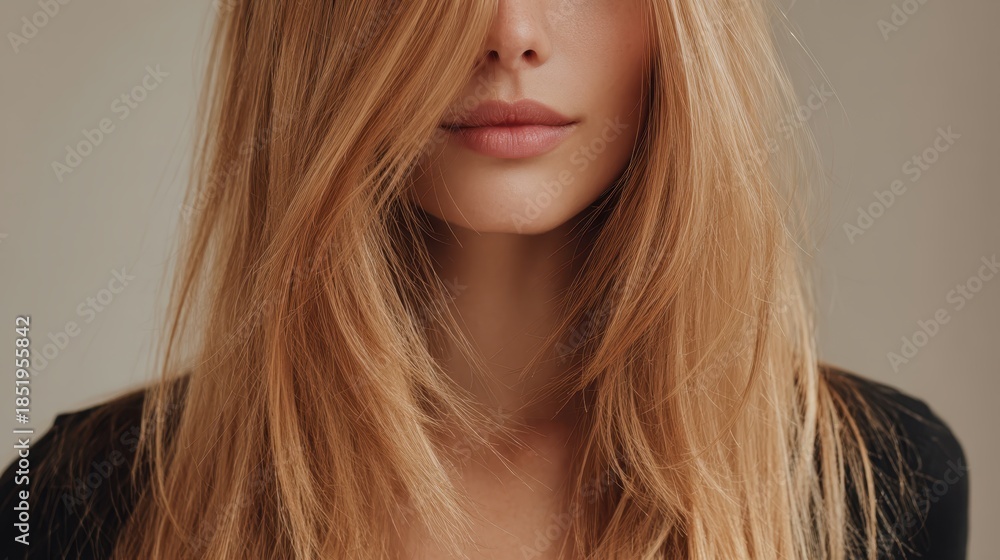 Naklejka premium Woman with natural beauty and long flowing blonde hair gracefully covering part of her face, highlighting her healthy skin, soft lips, and sensual expression