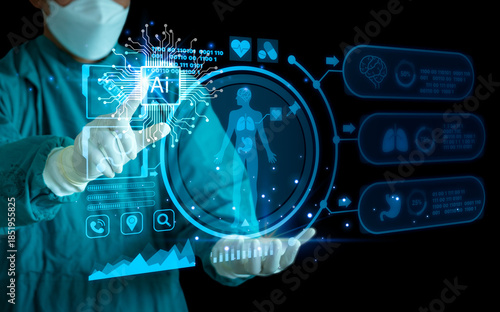 Surgeon interacting with a futuristic holographic screen displaying a human skeleton and AI processor, representing robotic surgery, advanced anatomy diagnostics, and machine learning in healthcare.