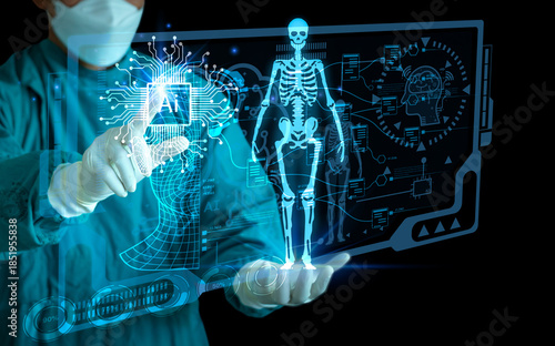 Surgeon interacting with a futuristic holographic screen displaying a human skeleton and AI processor, representing robotic surgery, advanced anatomy diagnostics, and machine learning in healthcare.