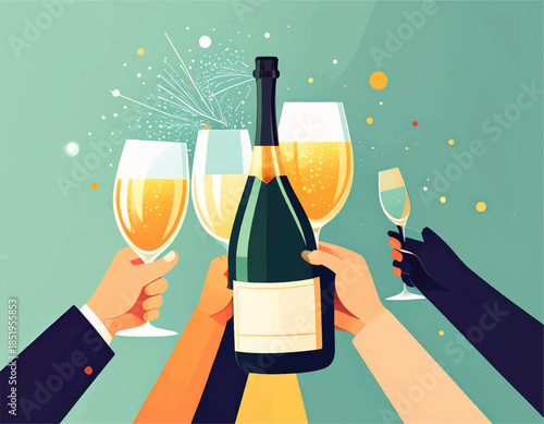 Celebratory Toast: A vibrant illustration depicts a moment of collective joy, featuring a shared toast with sparkling champagne and the warmth of camaraderie.