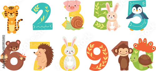 Numbers with animals, cartoon digits, educational design, playful counting, animal interaction, colorful numbers, learning fun, kids math, decorative numerals, cute creatures