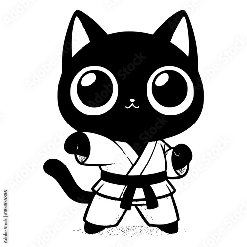 black and white, karate cat, wide eyes, martial arts pose, vector image illustration