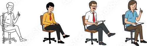 Office character design, cartoon illustration, seated people, expressive gestures, business attire, sketch to color, workplace diversity, creative concept art