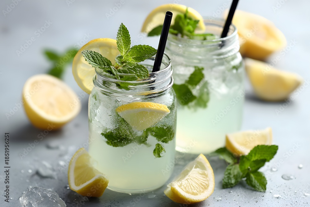 Fototapeta premium Refreshing Lemon Mint Drink On Light Background