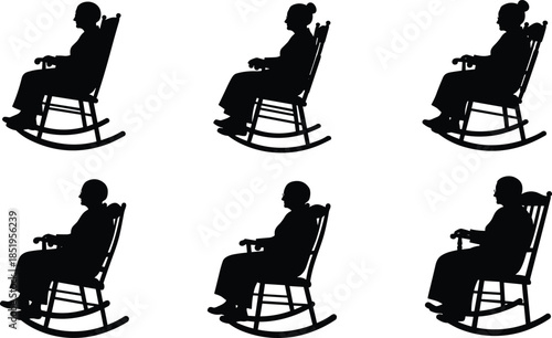 Elderly silhouettes, rocking chair posture, seated gesture, aging lifestyle, retirement moment, peaceful pose, senior diversity, silhouette art, calm expression, quiet rest