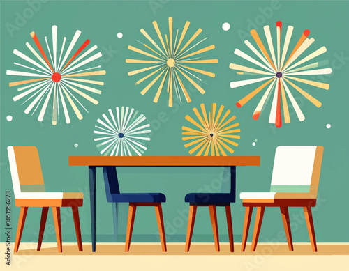 Modern Dining Room: A contemporary dining area, featuring a stylish wooden table, complemented by four chairs set against a backdrop of eye-catching, unique patterns.