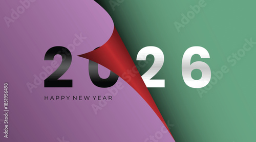 Vibrant 2026 New Year greeting featuring a purple to green gradient and a curled red peel revealing the year. Modern, festive design ideal for celebrations, branding, and seasonal campaigns.