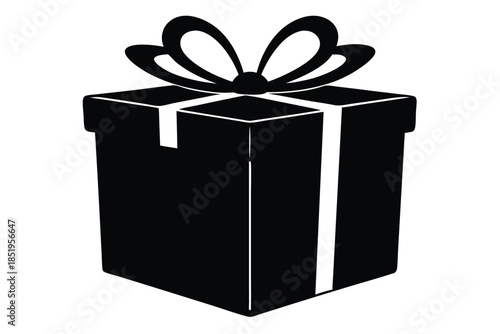 Bold black gift box with ribbon, isolated on a clean white background. Simple, modern vector graphic for celebrations and surprises.