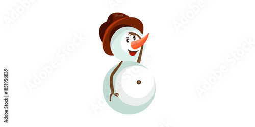 Illustration of a snowman adjusting his carrot nose, wearing a red scarf. Winter character.