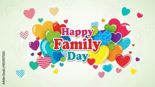 Happy family day celebration with colorful hearts and balloons