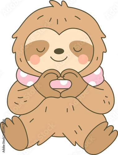Cute cartoon bigfoot making a heart shape with hands wearing pink polka dot scarf

