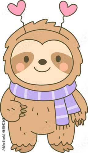 Charming Bigfoot wearing heart-shaped antennae headbands and a purple scarf, cute Valentine's Day clipart.