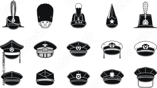 Military hat icons collection, black and white uniform headwear silhouettes, army police officer caps, vector illustration set isolated