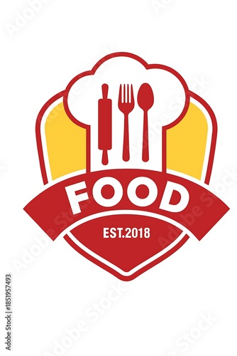 Food Restaurant Logo Design with Chef Hat and Cutlery Isolated on White Background