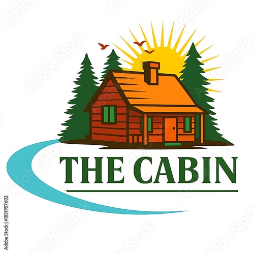 Rustic Cabin Logo Design with Forest and Sunrise Isolated on White Background