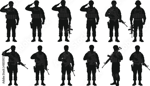 Military silhouette poses, saluting soldiers, tactical gear, rifle stance, combat readiness, armed forces tribute, uniformed personnel, defense illustration, soldier iconsMilitary silhouette