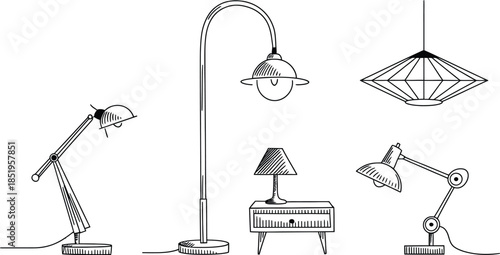 Hand Drawn Interior Lamps and Lighting Furniture Vector Set